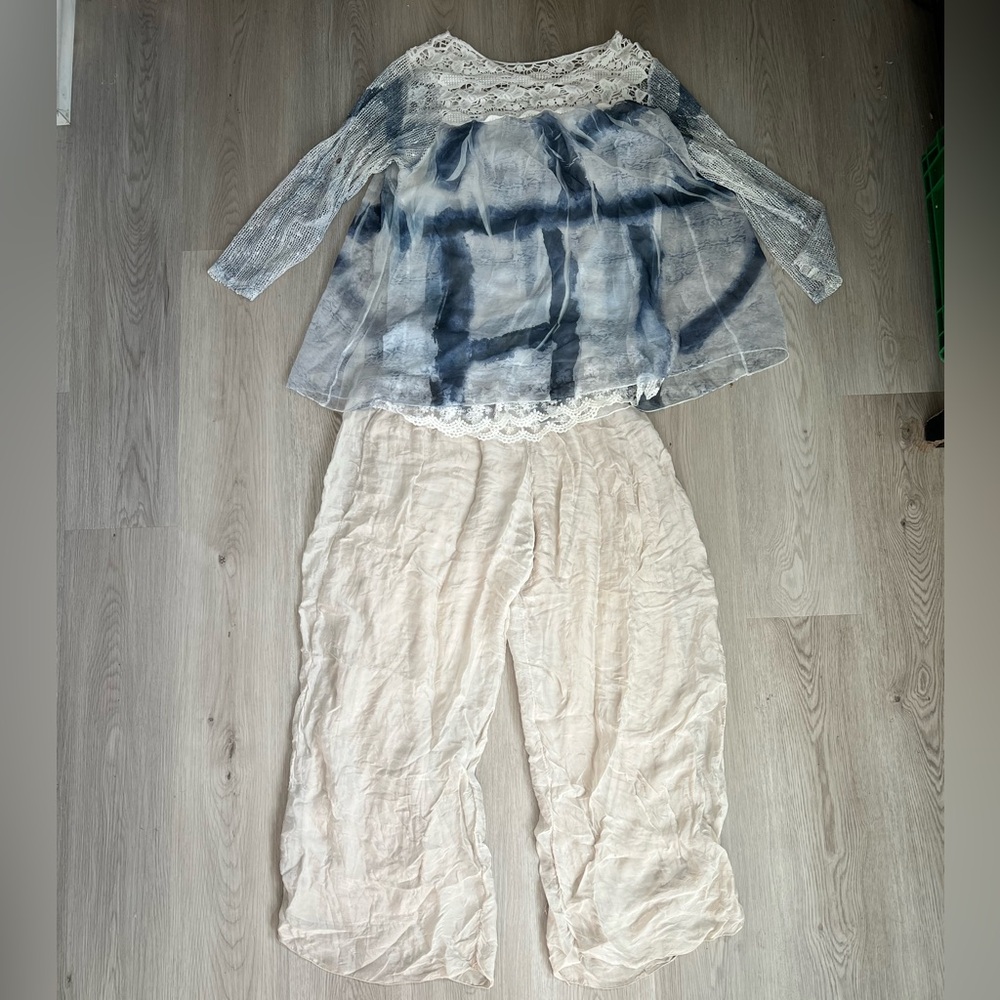 Blue and White Top with Cream Pants